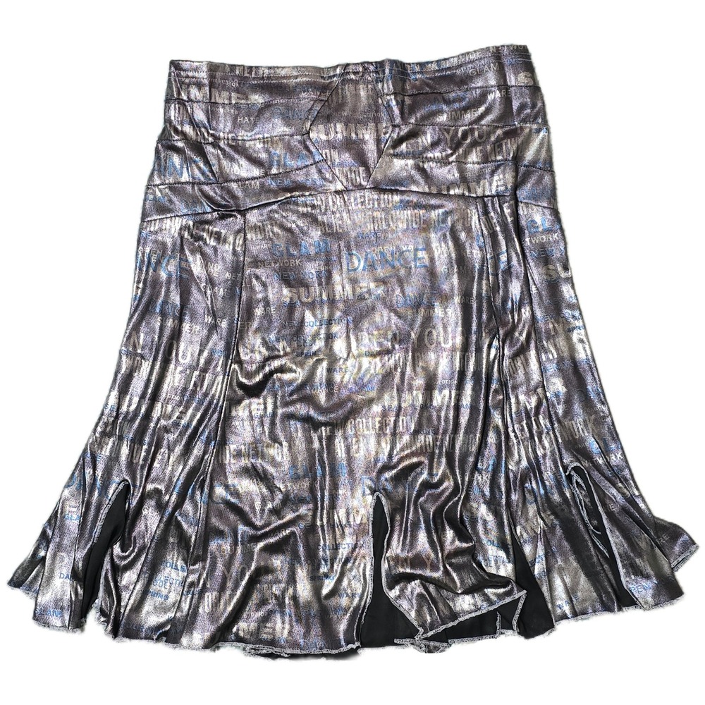 Julio Julio Silver Metallic Midi Skirt Text Print‎ Flare Slit Glam Dance